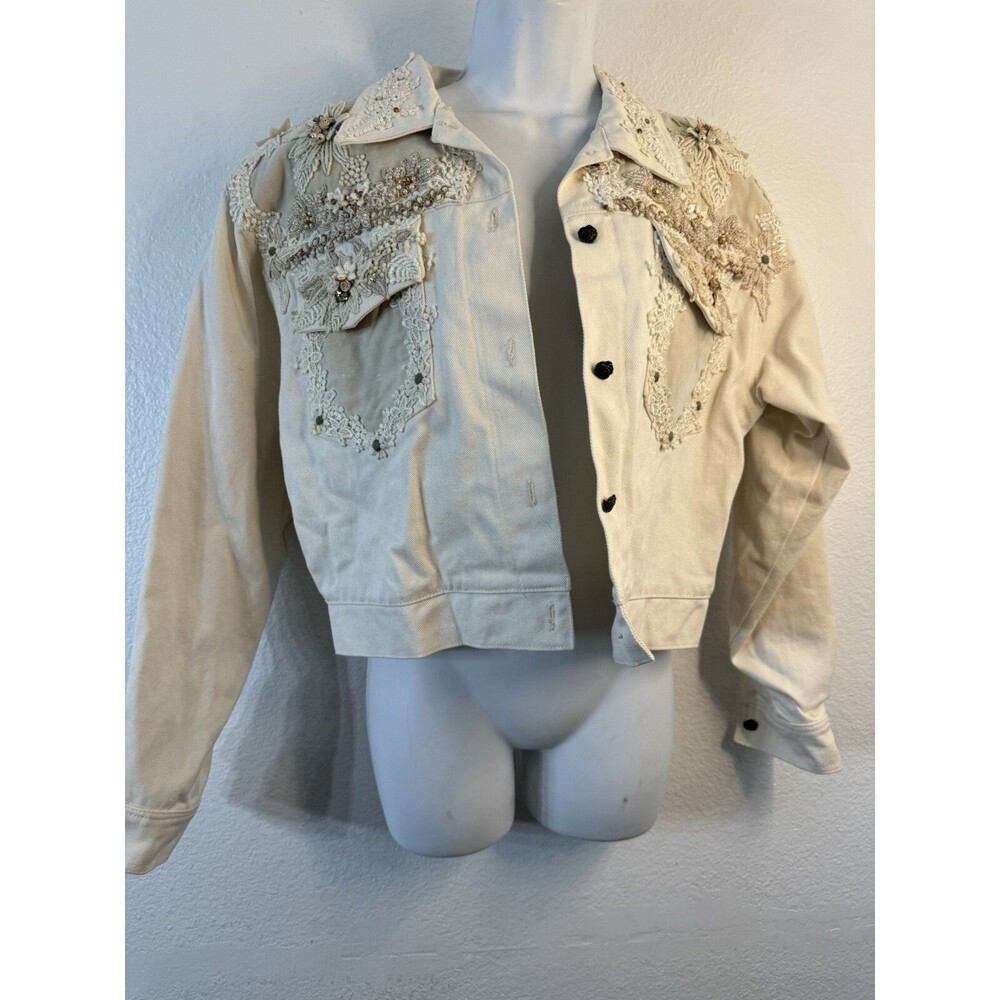 Phun Shirts Of California Jacket Embellished Beaded Floral White Denim Vintage